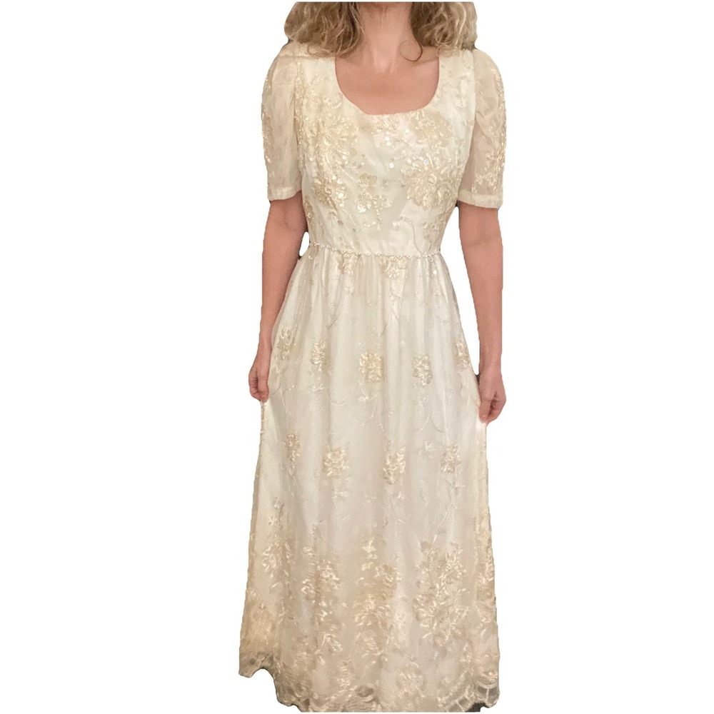 Handmade Vintage Wedding Ivory Gown With Sequins And Pearls On Antique Lace